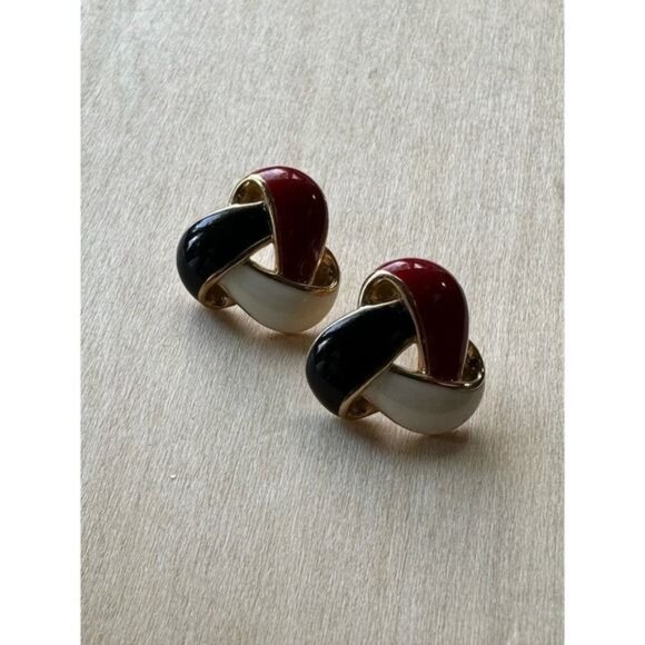 Vintage Red Black & White Enamel Knot Clip-On Earrings Gold-Tone Finish - Picture 3 of 15